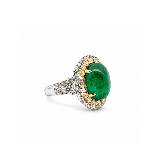 6.88ct Oval Cabochon Emerald & 1.38ctw Diamond Halo Ring, 18K Two-Tone Gold