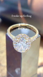 2 ct Oval Lab-Grown Diamond on a yellow gold halo side-diamond engagement ring