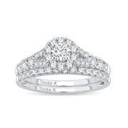 14k White Gold 1.00 Ct. Tw. Diamond Signature Halo Split Shank Engagament Ring and Wedding Band Set