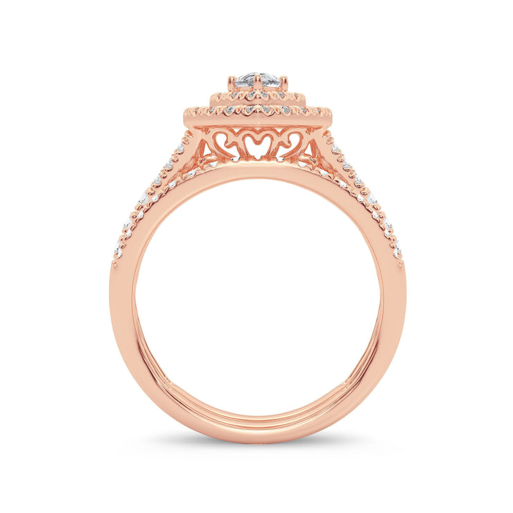 14k Rose Gold 1.00 Ct. Tw. Pear Cut Center Diamond Classic Double Halo Teardrop Shaped / Split Shank / Engagement and Wedding Band Set