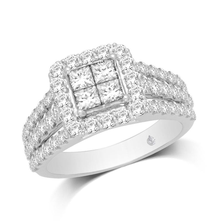 2.00 Ctw Square Halo Princess & Round Diamond Engagement Ring