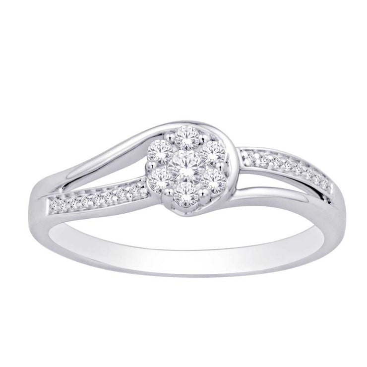 10K White Gold 1/5 Ct. Tw. Swirl Style Cluster Diamond Flower Ring