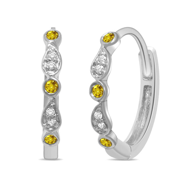 14K White Gold 0.12 Ct. Tw. Diamond and Yellow Sapphire Hoop Earrings
