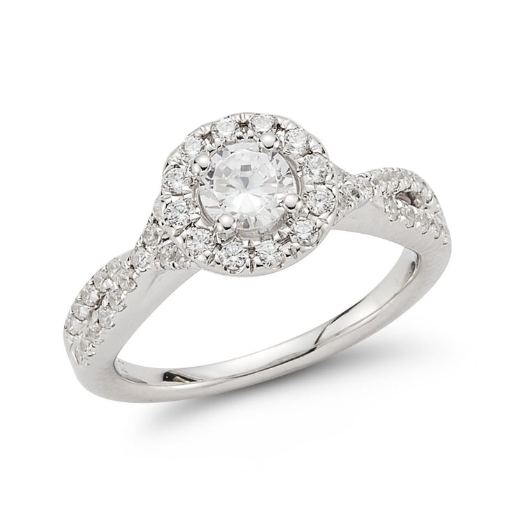 Halo Twist Shank Diamond Engagement Ring in 14k White gold-Emerald
