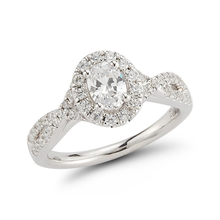 Halo Twist Shank Diamond Engagement Ring in 14k White gold-Emerald