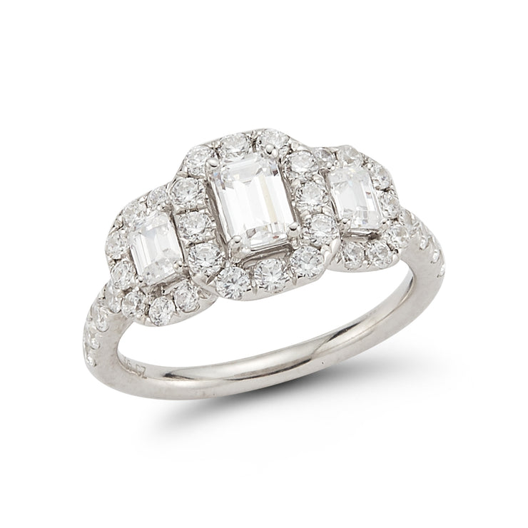 Three Stone Halo Diamond Engagement Ring made in 14k White gold