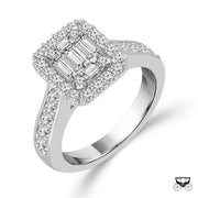 14K White Gold 1.00ctw Diamond Micropave' Emerald Shape Halo Ring