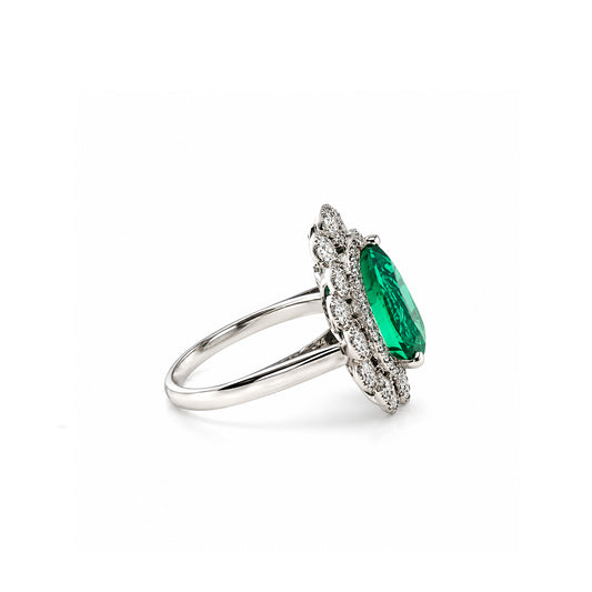 5.23ctw Treated Emerald & 1.25ctw Diamond Halo Ring, 18K White Gold