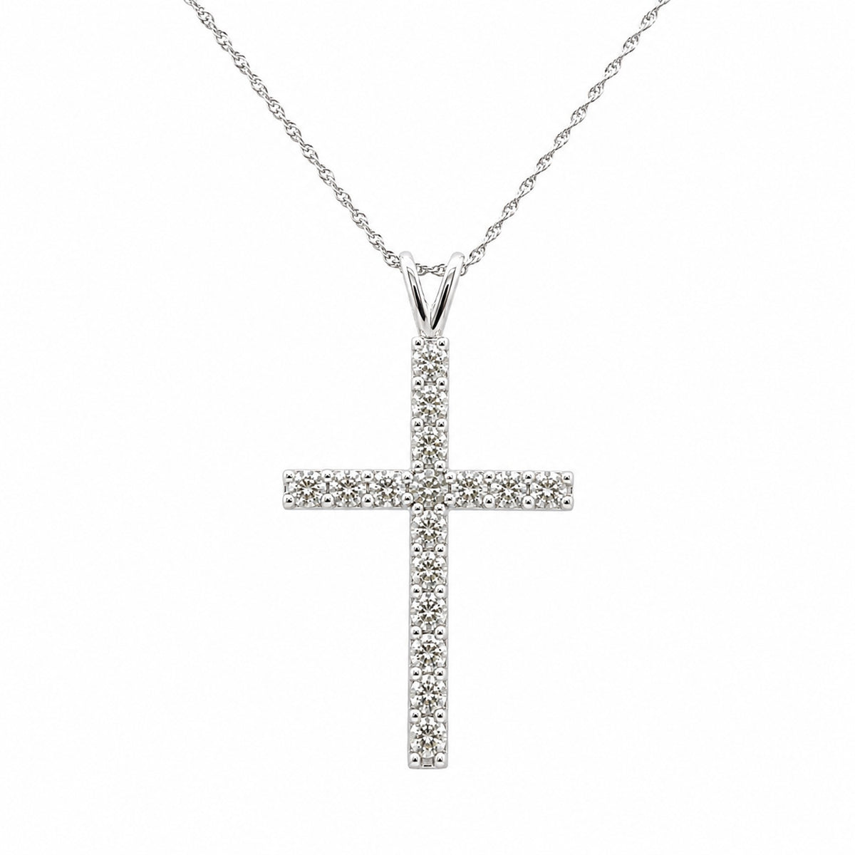 1.00ctw Round Lab-Grown Diamond Cross Pendant with 17" Double-Link Cable Chain, Sterling Silver