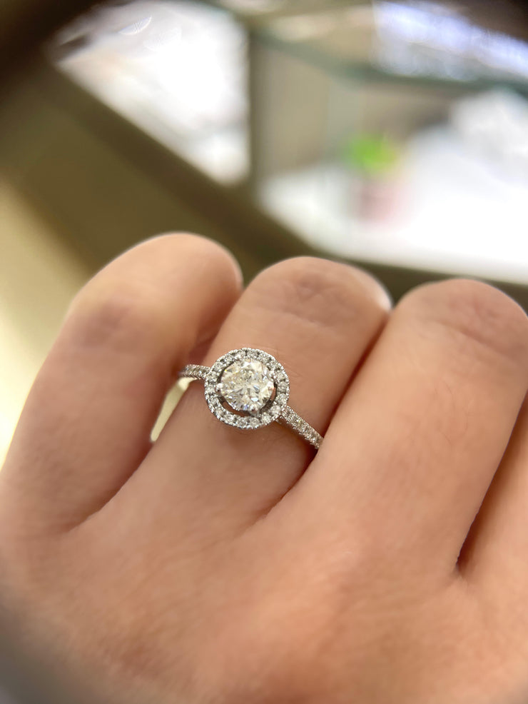 0.7ct Canadian Diamond Round Halo Side-diamonds Engagement Ring 18k white gold