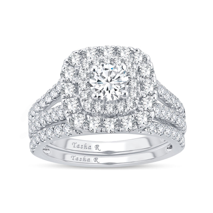 14K WHITE GOLD 2.00 CT. TW. DIAMOND DOUBLE HALO SPLIT SHANK BRIDAL RING