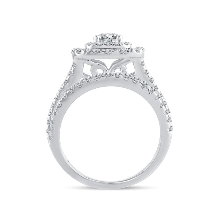 14K WHITE GOLD 2.00 CT. TW. DIAMOND DOUBLE HALO SPLIT SHANK BRIDAL RING