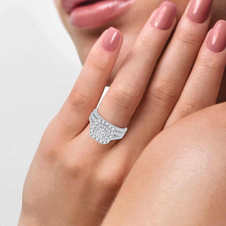 14K WHITE GOLD 2.00 CT. TW. DIAMOND DOUBLE HALO SPLIT SHANK BRIDAL RING