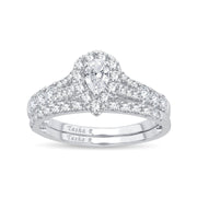 14k White Gold 1.00 Ct. Tw. Diamond Signature Halo Split Shank Engagament Ring and Wedding Band Set