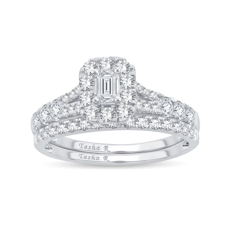 14k White Gold 1.00 Ct. Tw. Diamond Signature Halo Split Shank Engagament Ring and Wedding Band Set