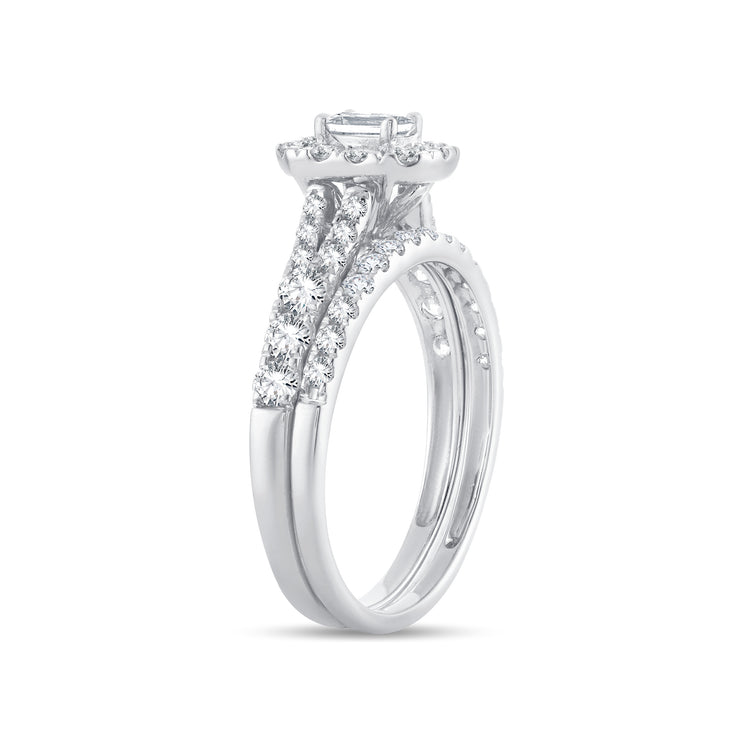 14k White Gold 1.00 Ct. Tw. Diamond Signature Halo Split Shank Engagament Ring and Wedding Band Set
