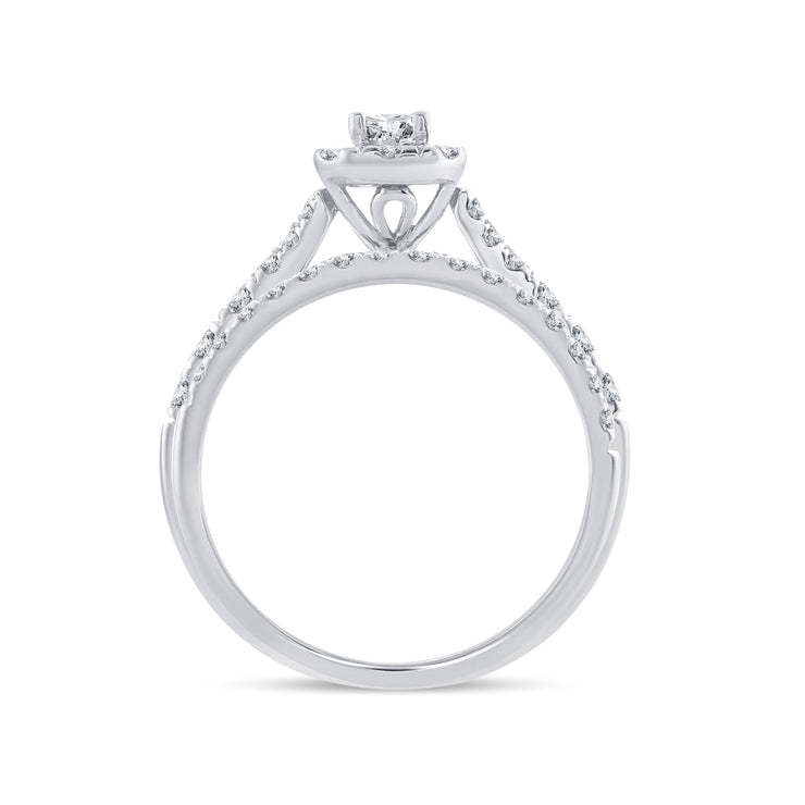 14k White Gold 1.00 Ct. Tw. Diamond Signature Halo Split Shank Engagament Ring and Wedding Band Set