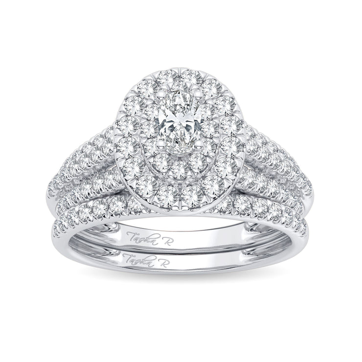 14k White Gold 1.00 Ct. Tw. Oval Cut Diamond Double Halo / Triple Shank / Engagement and Wedding Ring Set