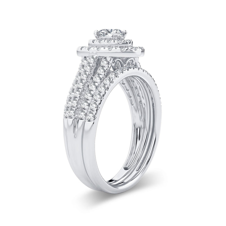 14k White Gold 1.00 Ct. Tw. Oval Cut Diamond Double Halo / Triple Shank / Engagement and Wedding Ring Set