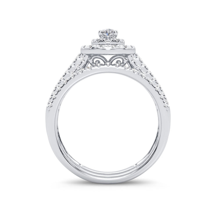 14k White Gold 1.00 Ct. Tw. Oval Cut Diamond Double Halo / Triple Shank / Engagement and Wedding Ring Set