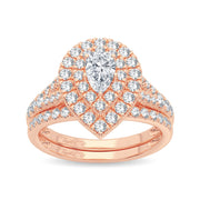 14k Rose Gold 1.00 Ct. Tw. Pear Cut Center Diamond Classic Double Halo Teardrop Shaped / Split Shank / Engagement and Wedding Band Set