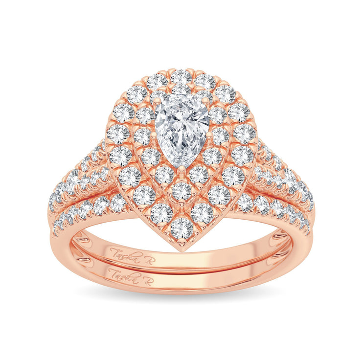 14k Rose Gold 1.00 Ct. Tw. Pear Cut Center Diamond Classic Double Halo Teardrop Shaped / Split Shank / Engagement and Wedding Band Set