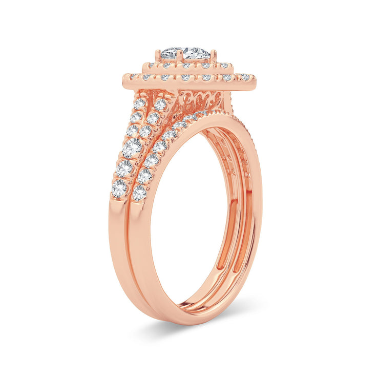 14k Rose Gold 1.00 Ct. Tw. Pear Cut Center Diamond Classic Double Halo Teardrop Shaped / Split Shank / Engagement and Wedding Band Set