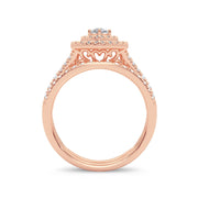14k Rose Gold 1.00 Ct. Tw. Pear Cut Center Diamond Classic Double Halo Teardrop Shaped / Split Shank / Engagement and Wedding Band Set