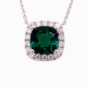 Cushion Halo Green Emerald & Diamond Necklace
