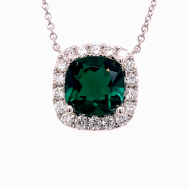 Cushion Halo Green Emerald & Diamond Necklace