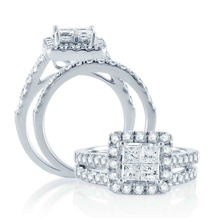 14K White Gold Halo Multi-Stone Diamond Engagement Ring