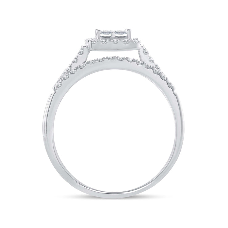 14K White Gold Halo Multi-Stone Diamond Engagement Ring