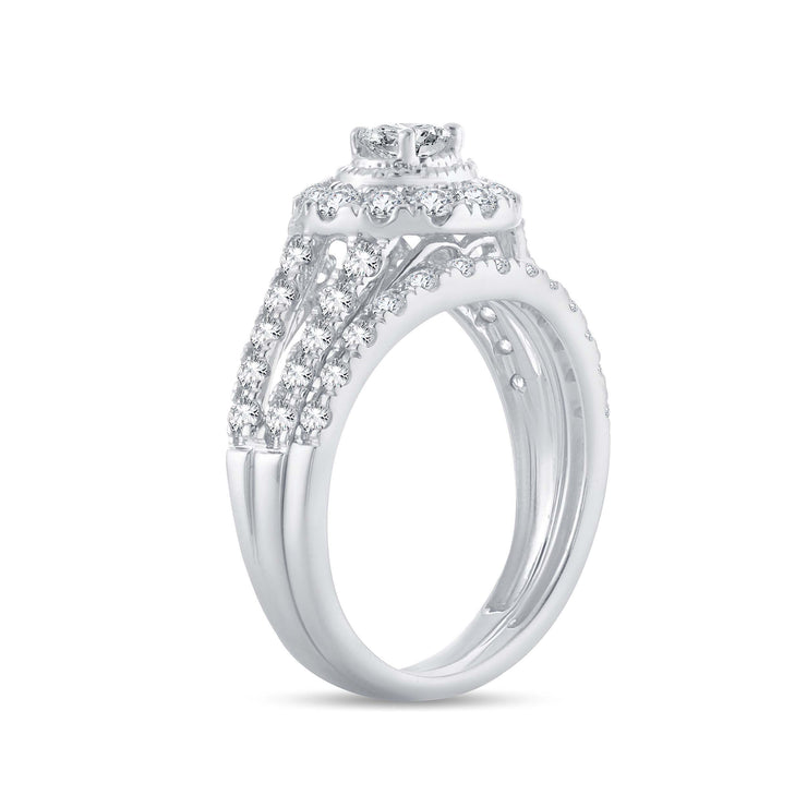 14k White Gold 1.00 Ctw Round Diamond Halo Bridal Ring Set