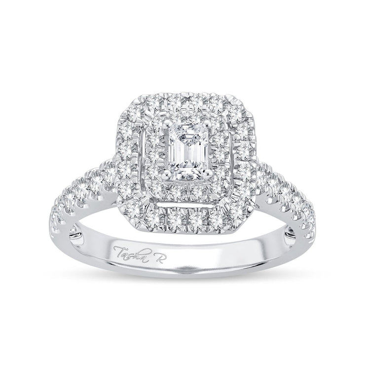 14K Yellow Gold 1.00 Ctw Emerald Cut  Double Halo Engagement Ring
