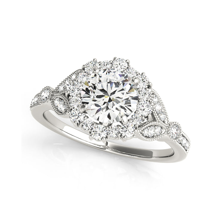 Fancy Halo Flower And Leaf Design Diamond Accent Engagement Ring(  0.92 CTW)