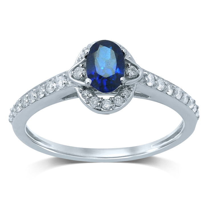 14K White Gold 0.25 Ct. Tw. Halo Oval Cut Blue Sapphire Diamond Ring