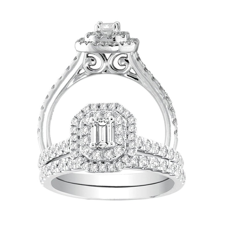 14k White Gold 1.00 Ct. Tw. Emerald Cut Center And Round Cut Diamond Bridal Ring