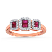0.22Ctw Square Shape 3-Stone Halo Diamond Ruby Engagement Ring