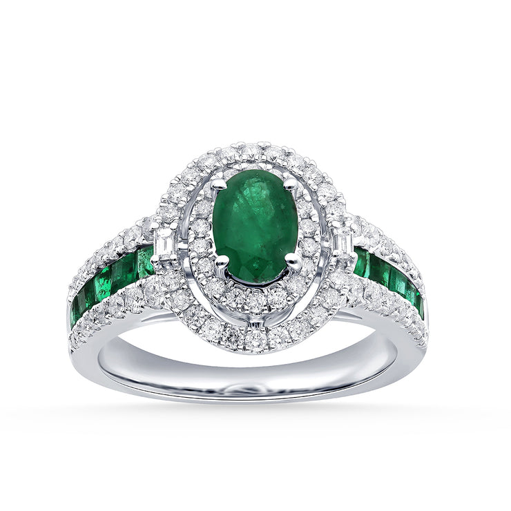 14K  White Gold 0.58 Ct. Tw. Oval Cut Emerald And Round Cut Diamond Double Halo Fancy Ring