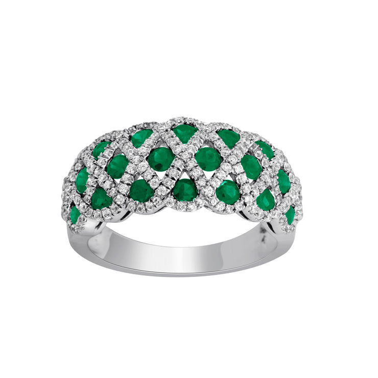 14K White Gold 0.63 Ctw Diamond And Emerald Vintage Braided Ring