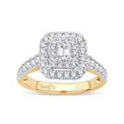 14K Yellow Gold 1.00 Ctw Emerald Cut  Double Halo Engagement Ring