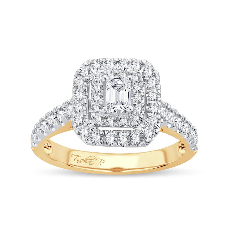 14K Yellow Gold 1.00 Ctw Emerald Cut  Double Halo Engagement Ring