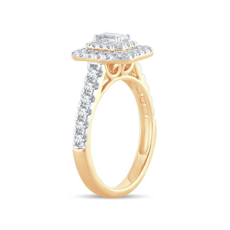 14K Yellow Gold 1.00 Ctw Emerald Cut  Double Halo Engagement Ring