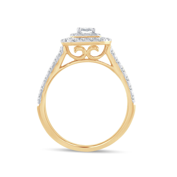 14K Yellow Gold 1.00 Ctw Emerald Cut  Double Halo Engagement Ring
