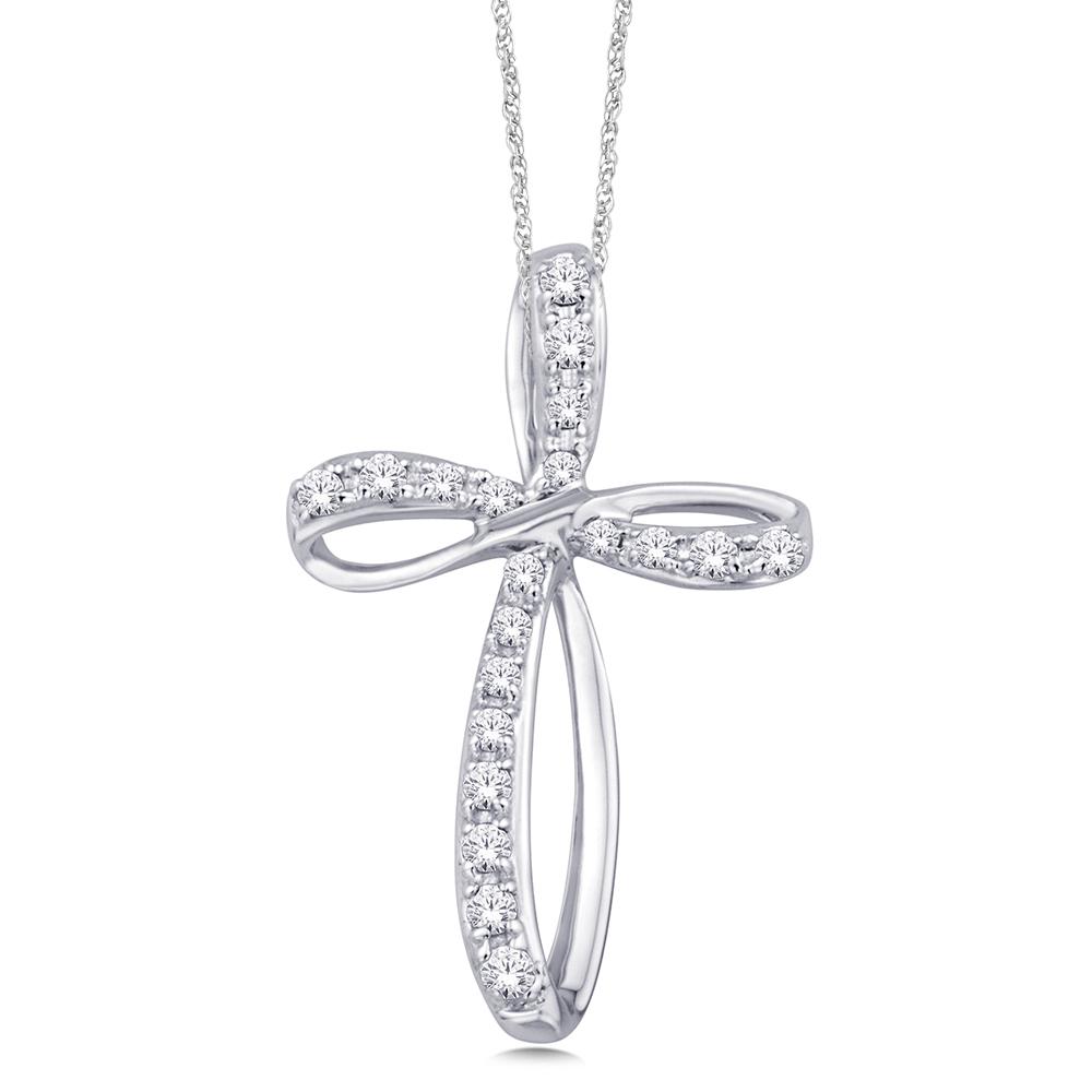 10K White Gold 0.20ctw Diamond Bow Design Cross Pendant