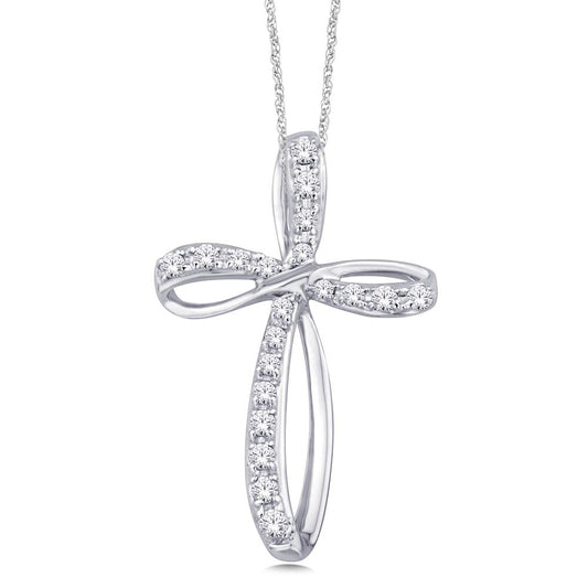10K White Gold 0.20ctw Diamond Bow Design Cross Pendant