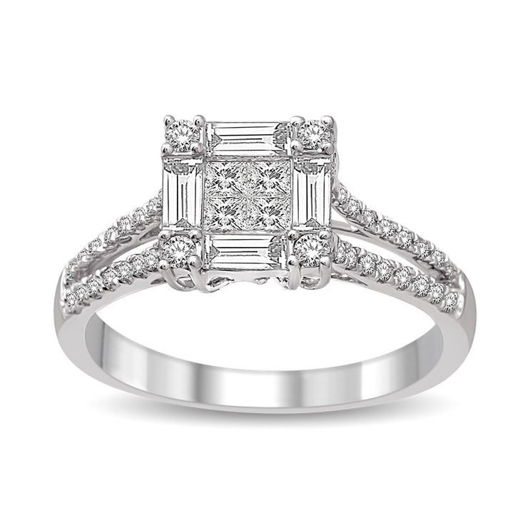 0.90 Ctw Round & Baguette Multi-Diamond Engagement Ring