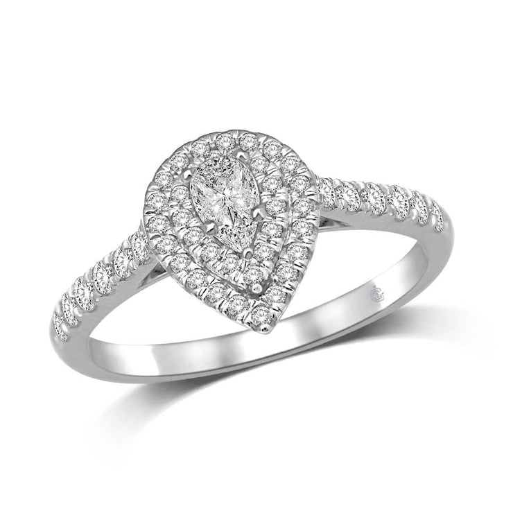 14K White Gold 5/8 Ct. Tw. Lovecuts Pear Shape Diamond Double Pavé Halo And Shank Engagement Ring