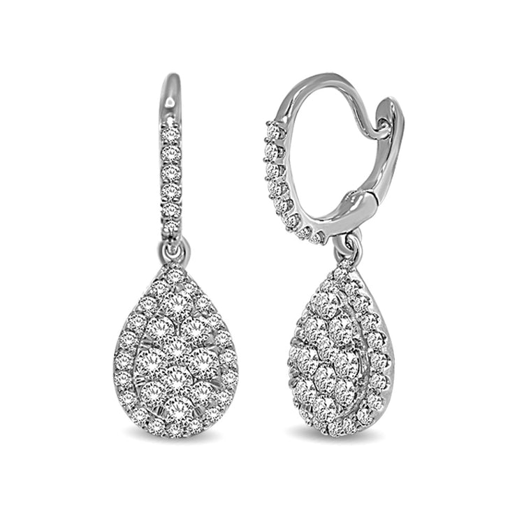 14K White Gold 3/4ctw Diamond Fancy Pear Shape Halo Drop Earrings