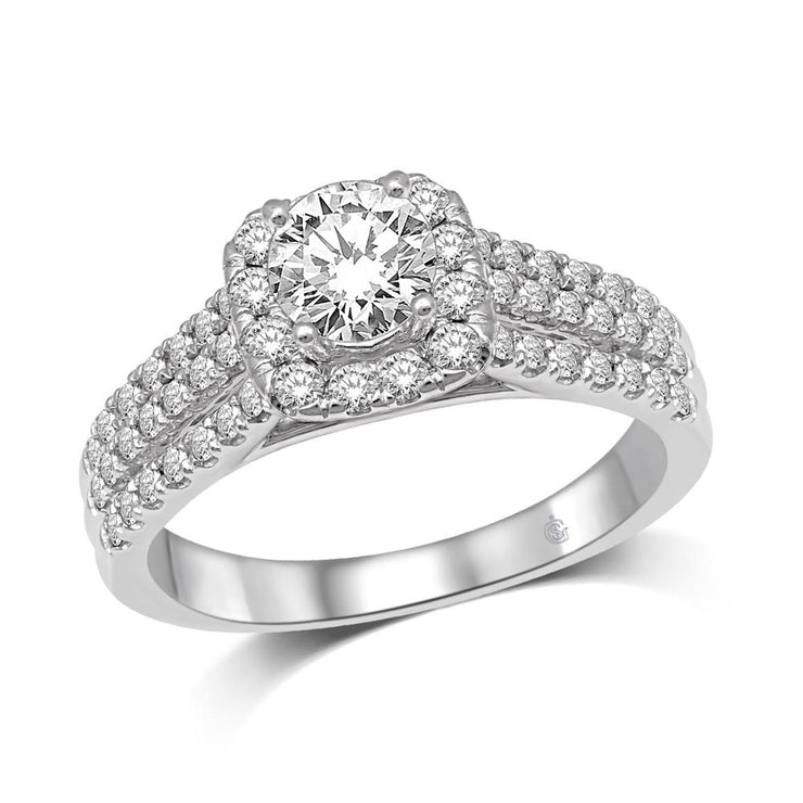 14K 1.00ctw Diamond Three-row Shank Cushion Halo Mount Engagement Ring